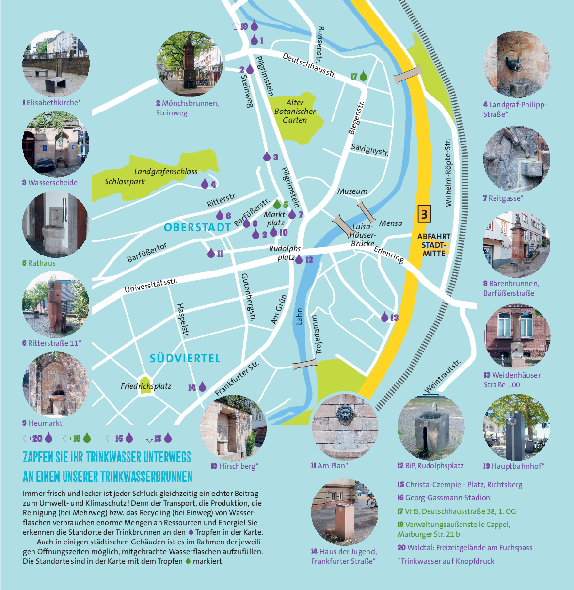 Karte der Trinkwasserbrunnen in der Marburger Innenstadt
